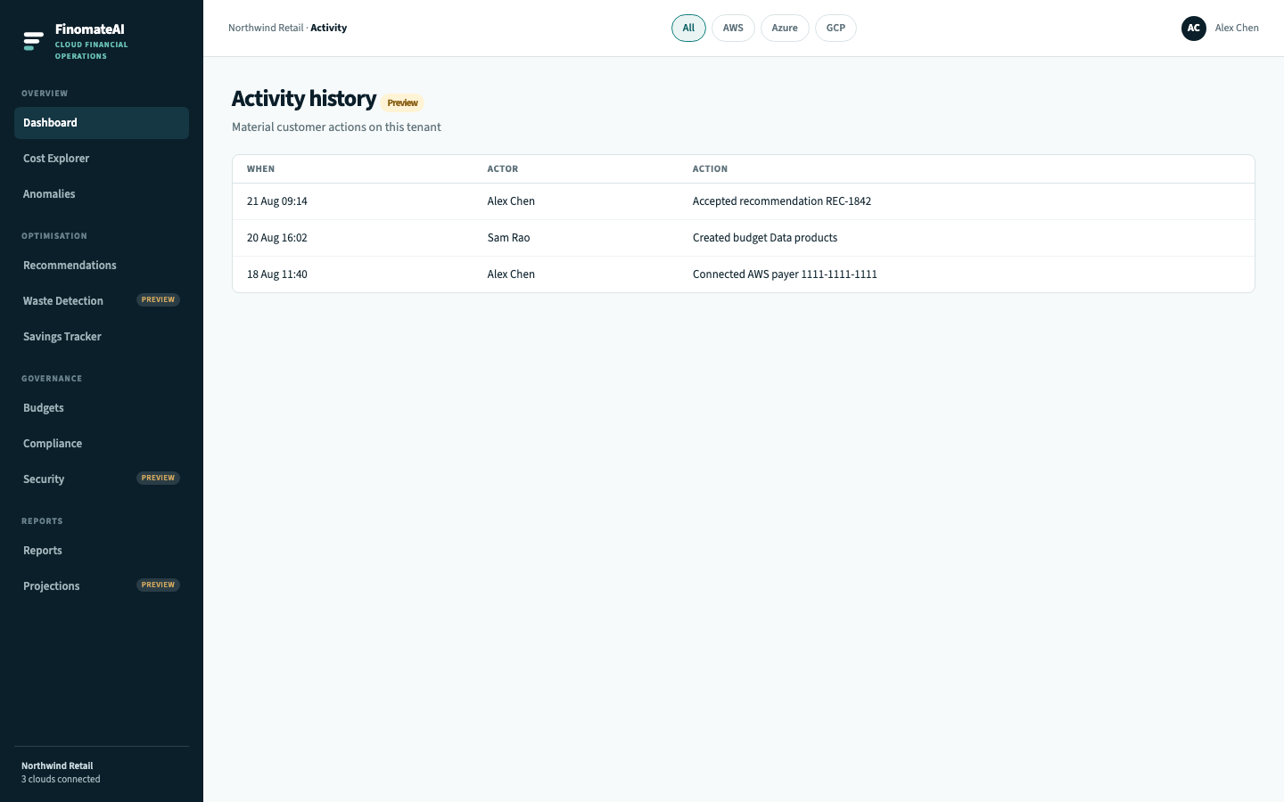Activity history preview with accepted recommendation, created budget and connected AWS