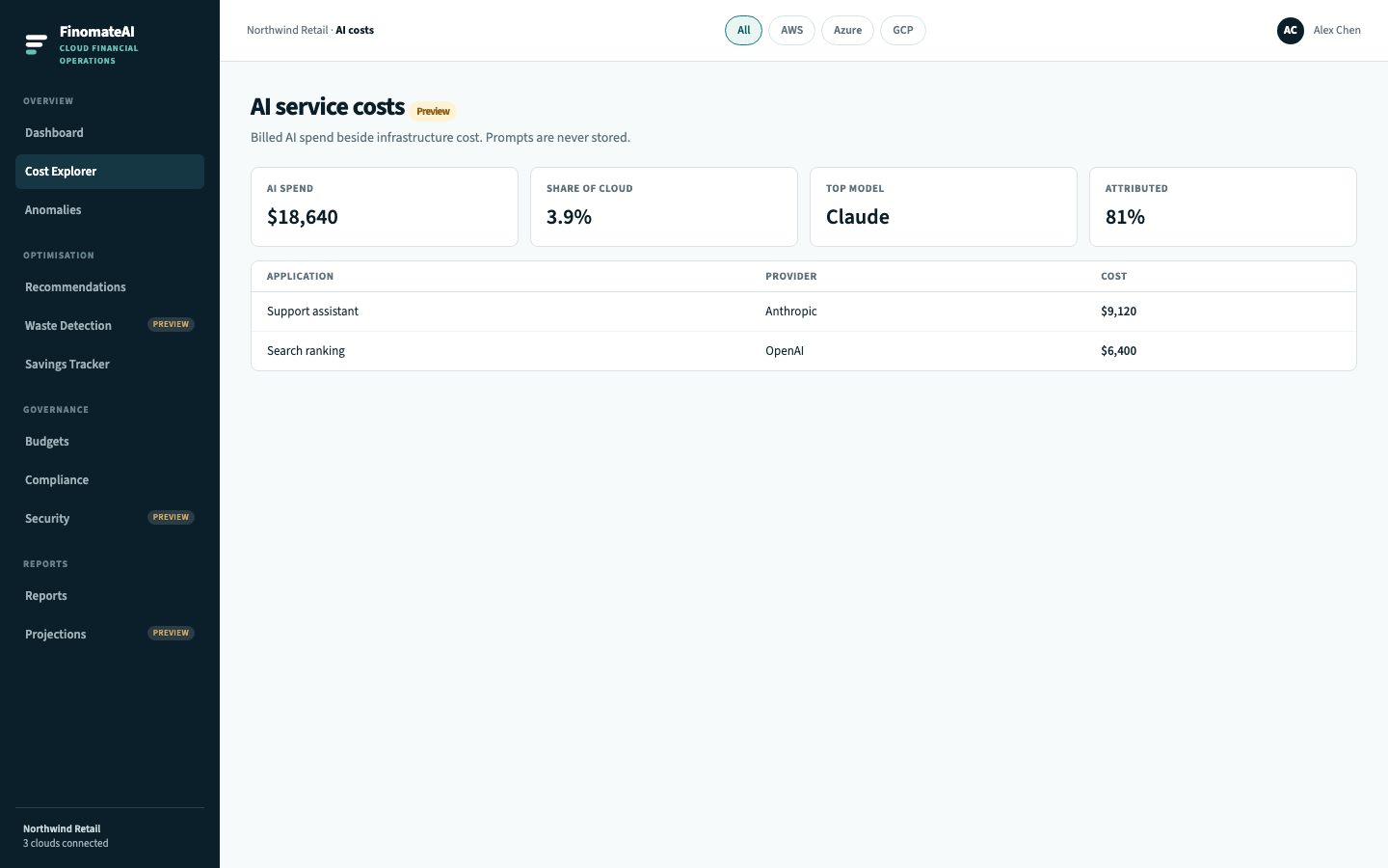AI service costs preview with spend by application and provider