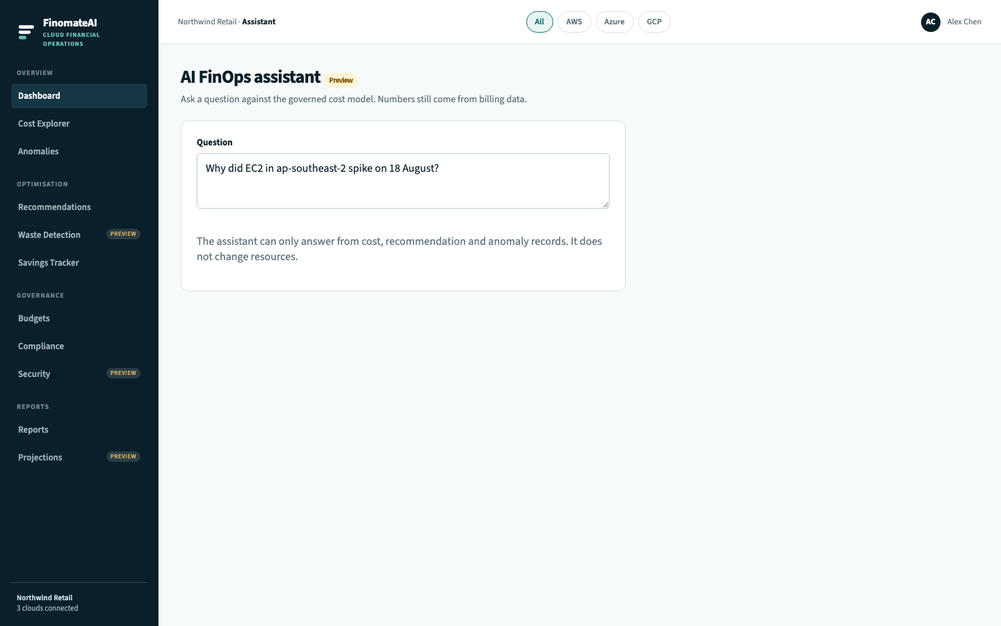 AI FinOps assistant preview with a question about an EC2 spike