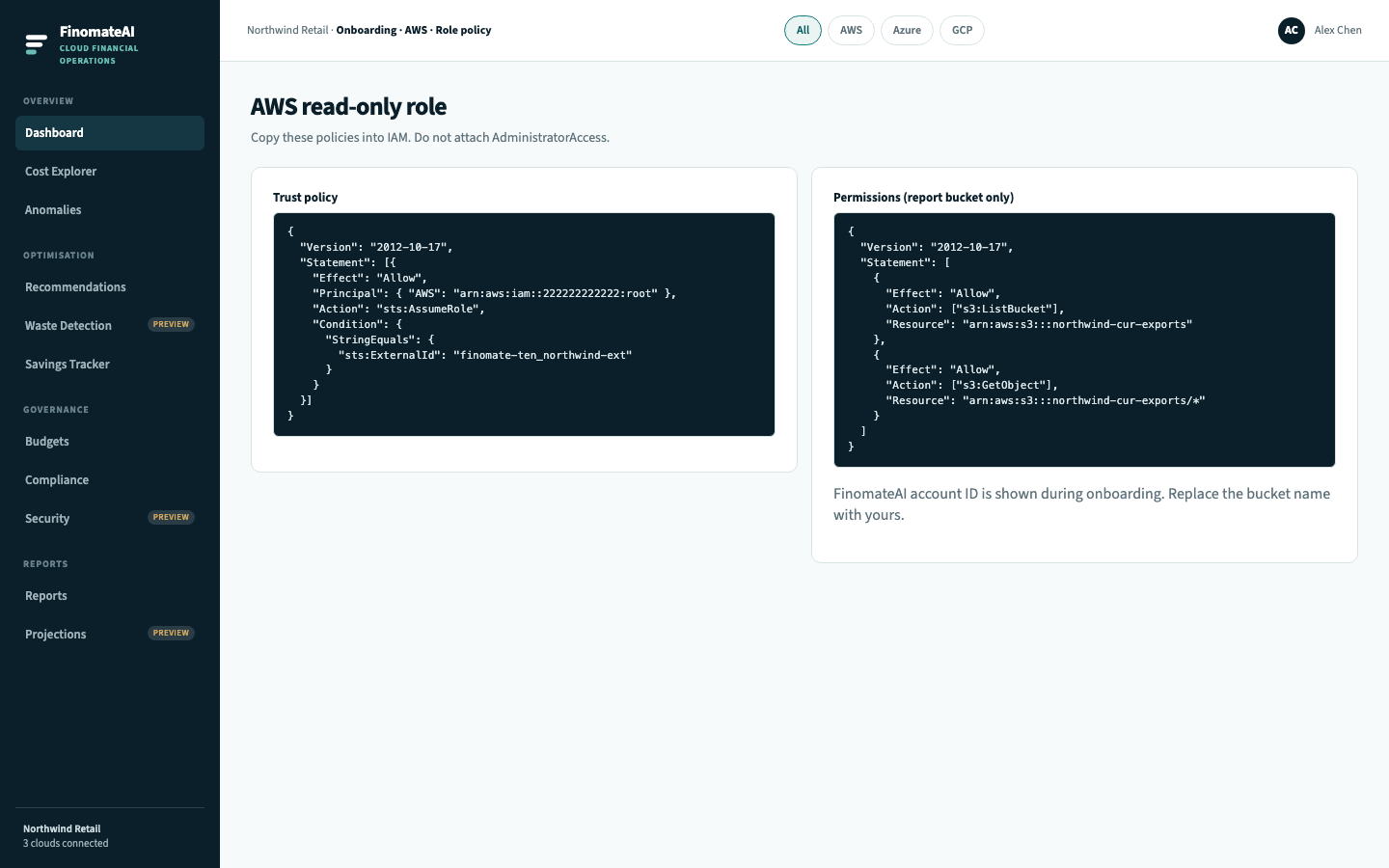 FinomateAI onboarding showing the trust policy and S3 permissions to paste into IAM