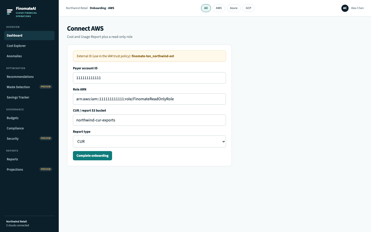 Connect AWS onboarding form with external ID, payer account, role ARN and CUR bucket