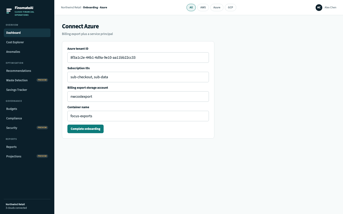 Connect Azure form with tenant ID, subscriptions, storage account and container