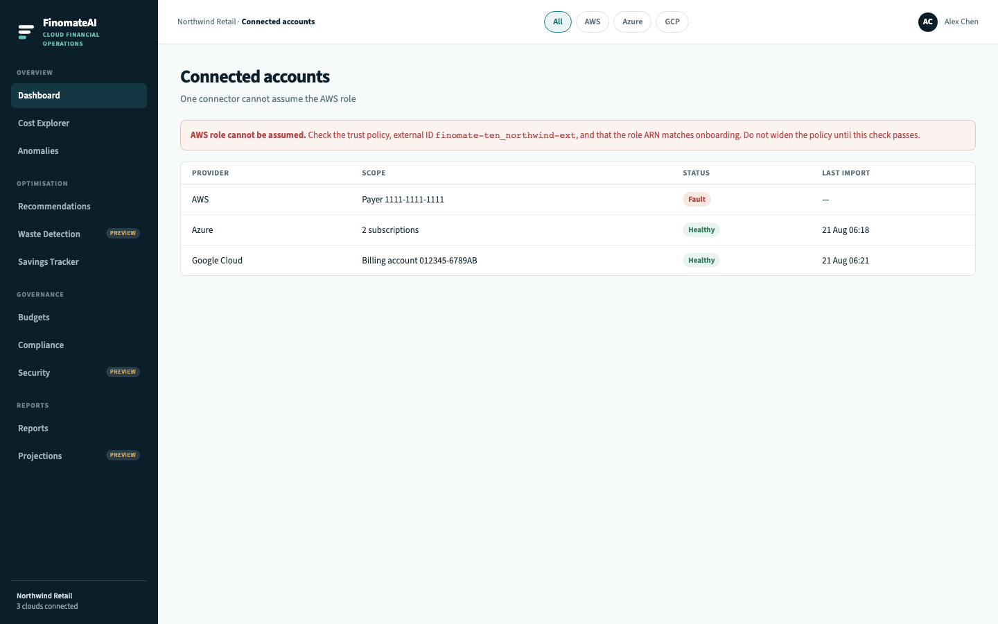 Connected accounts with AWS in Fault because the role cannot be assumed
