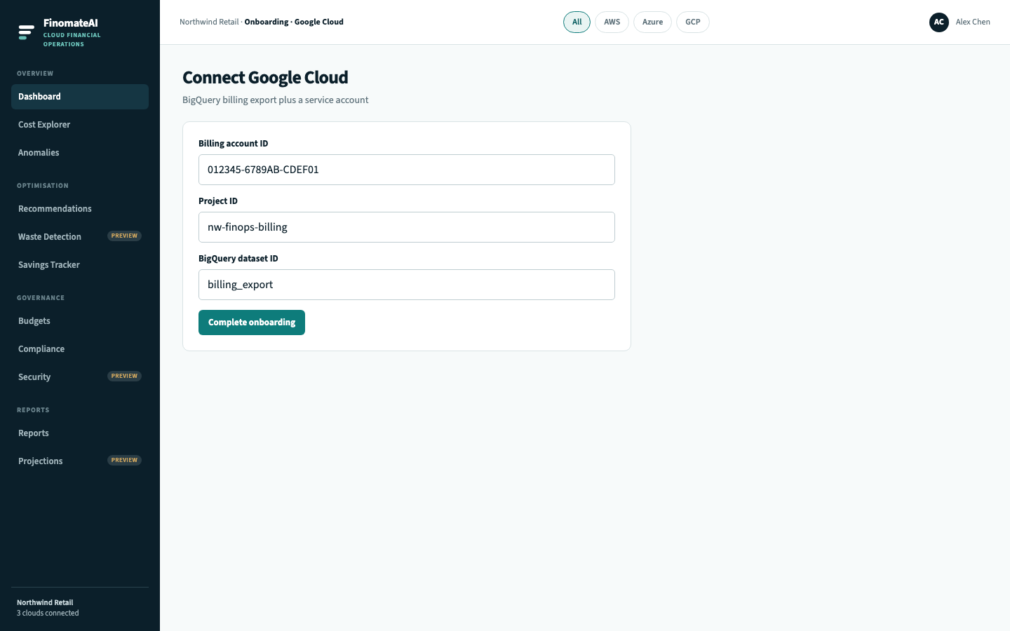 Connect Google Cloud form with billing account, project and BigQuery dataset
