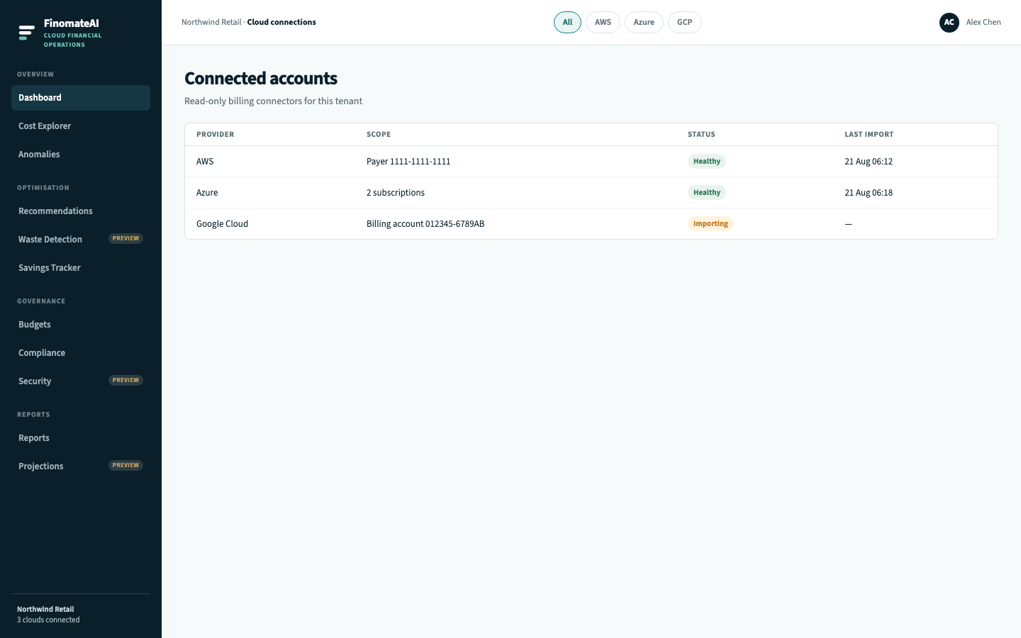 Connected accounts list showing healthy AWS and Azure connectors and a Google Cloud import in progress