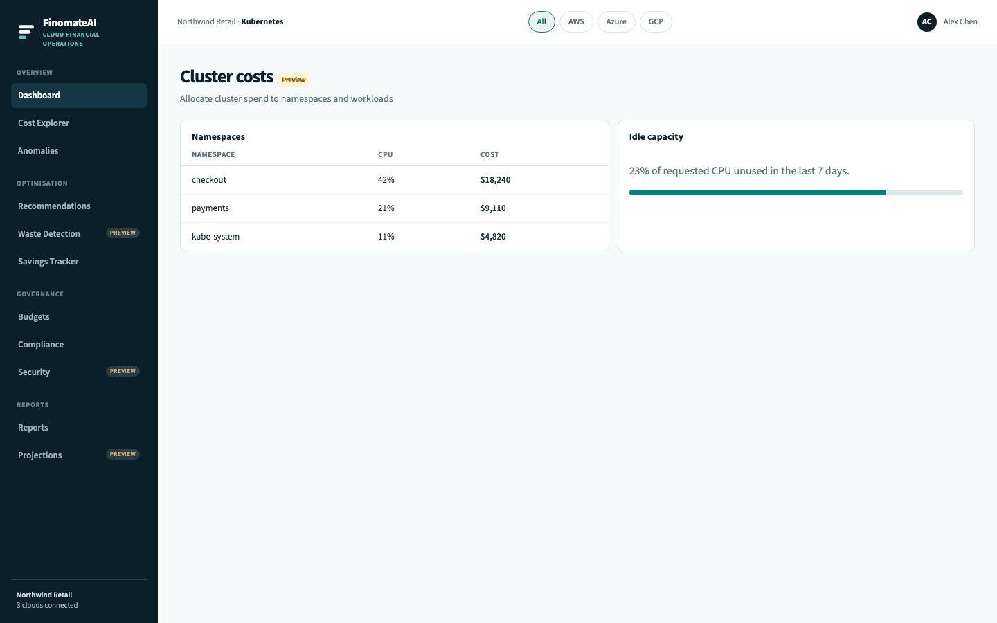 Cluster costs preview with namespace table and idle capacity