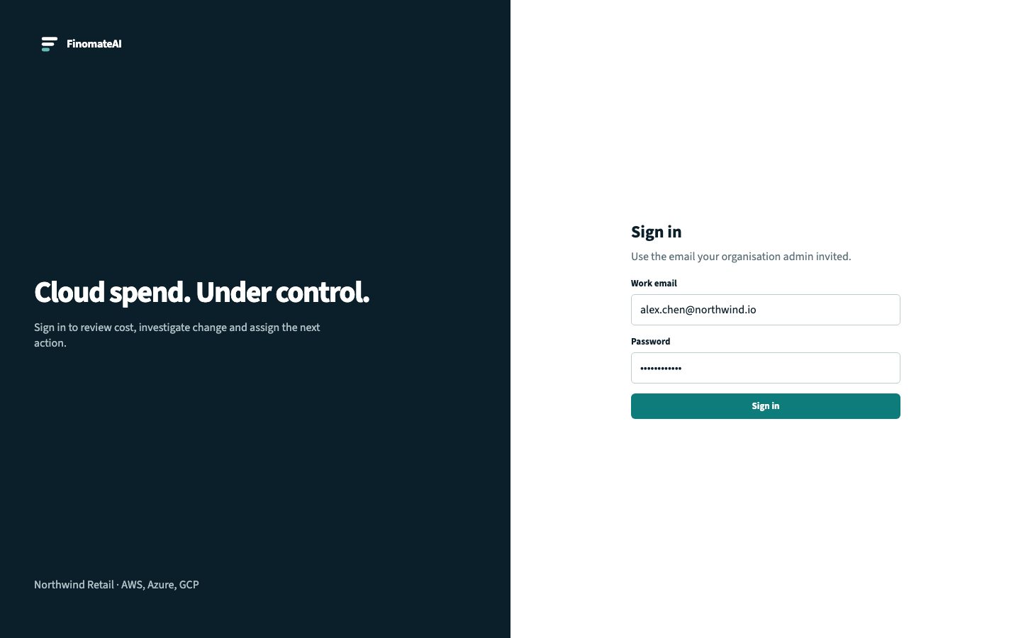 FinomateAI sign-in screen with work email and password