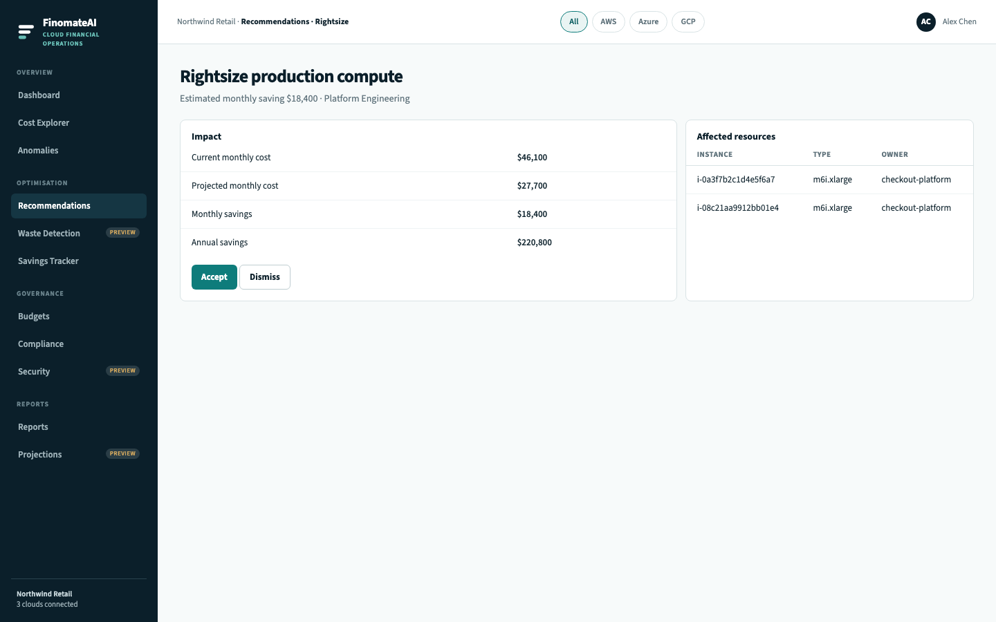 Recommendation detail with current cost, projected cost, monthly savings and affected instances