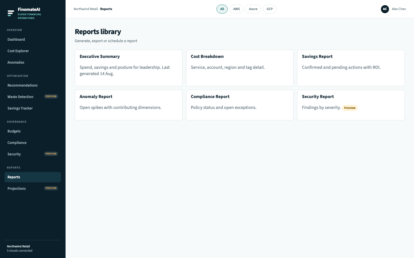 Reports library with executive, cost, savings, anomaly, compliance and security cards