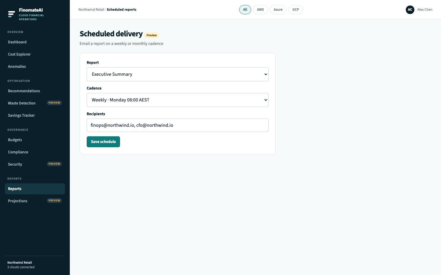 Scheduled delivery preview with report, cadence and recipients