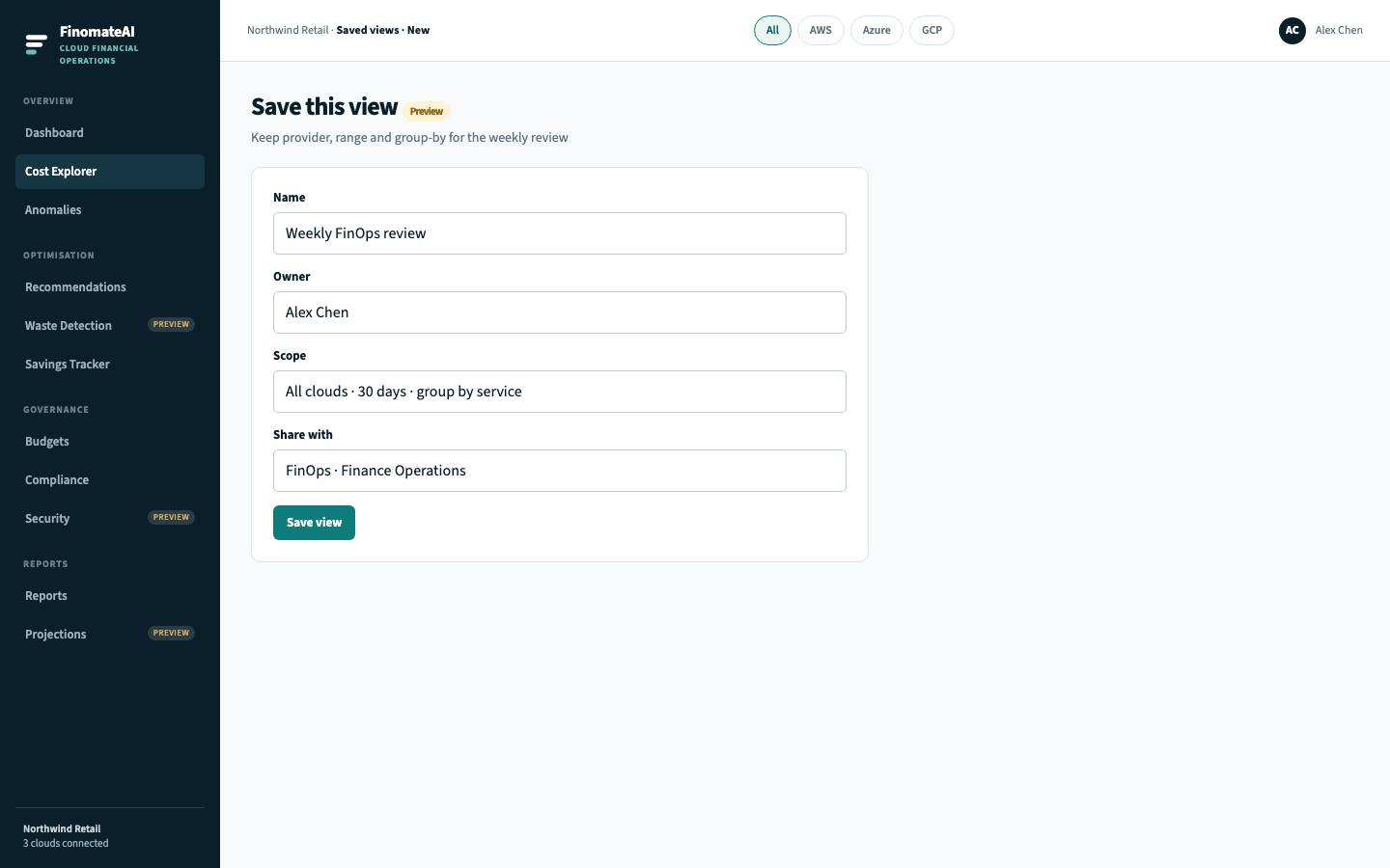 Save view form with name, owner, scope and share list