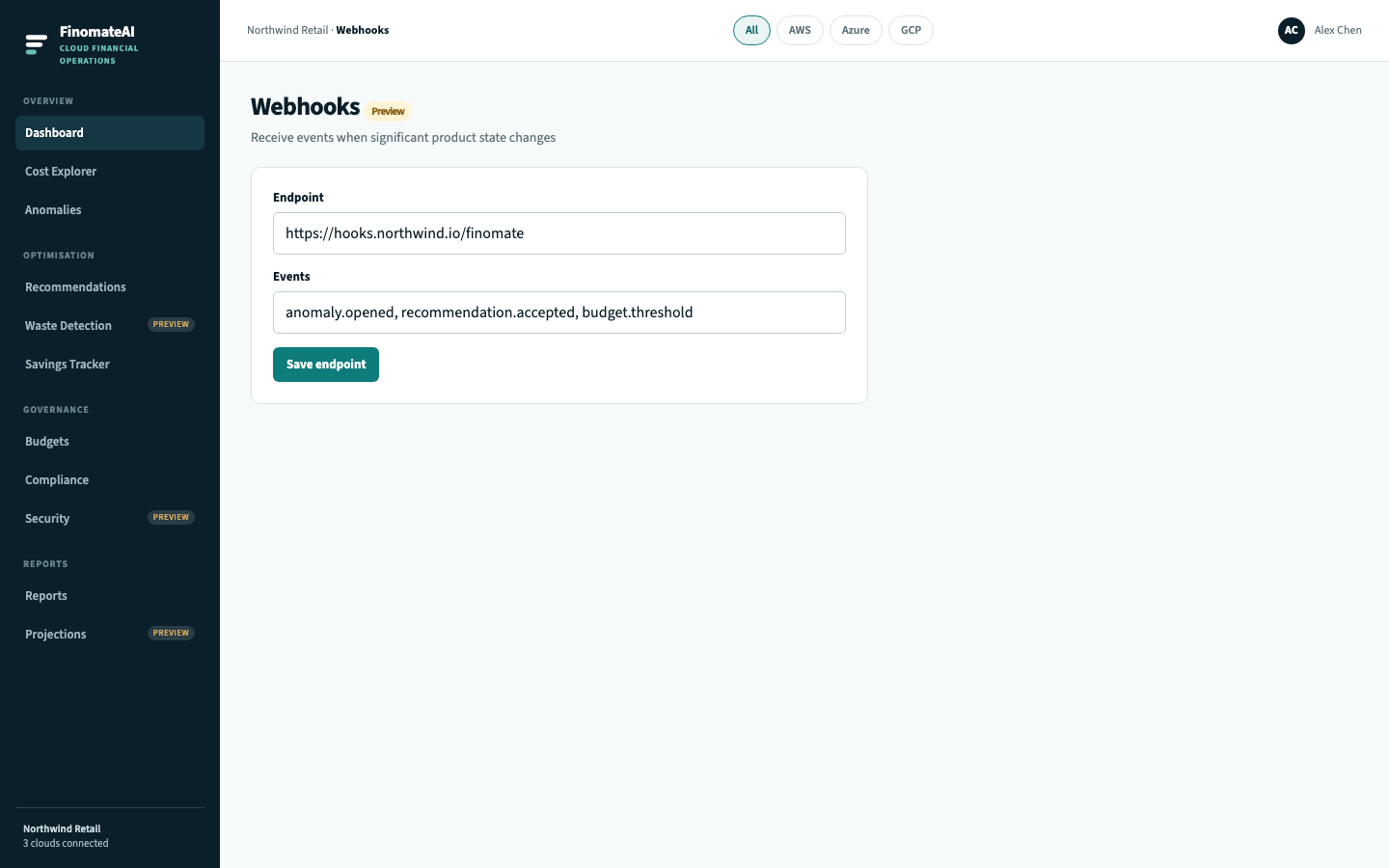 Webhooks preview with endpoint URL and event types